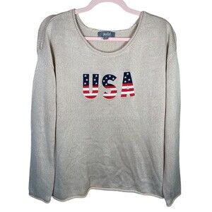 Marled USA  Knit Sweater Womens Medium Embroider  Pullover Rolled Hem Patriotic